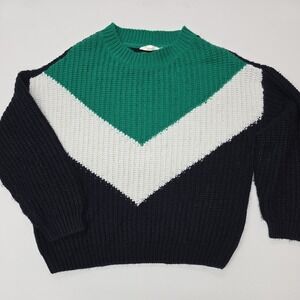 Cloth by RD Womens Small Colorblock Chevron Knit Sweater Green White Navy‎ Blue